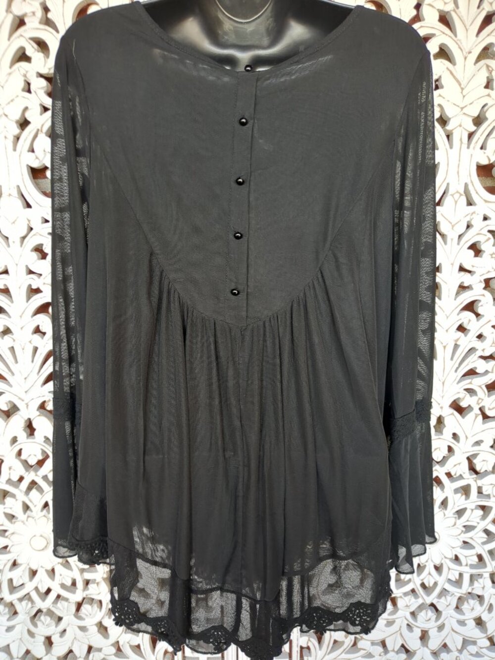 Embroidered Lacey Lined Sheer Long Sleeve Boho Top - Picture 8 of 14